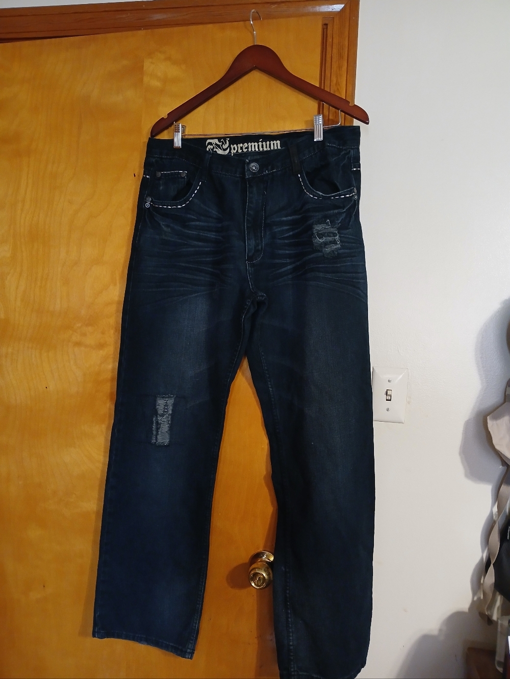 Men's Straight Jeans in Dark Blue Wash with Subtle Distress